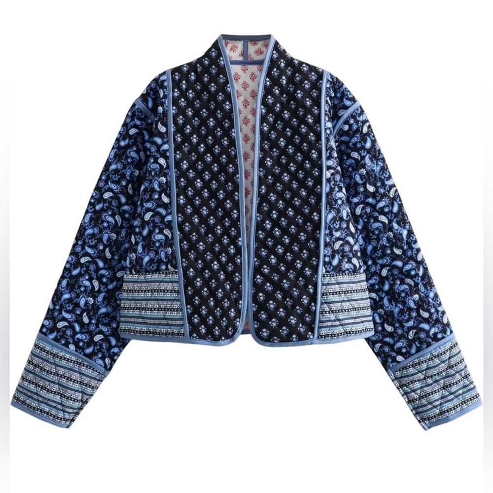 Cropped Puffer Jacket Stand Collar Floral Printed Open Front Quilted Lightweight - Picture 3 of 15